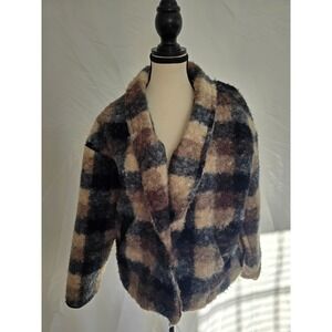 KNOX ROSE Plaid Fuzzy‎ Sherpa Shacket Jacket Women's Medium Brown Black Tan